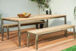 Clearance Garten-Essgruppe, Edelstahl/recyceltes Teak, Tisch 180x90 cm, 2 Bänke, FSC®-zertifiziertes Produkt Garten-Essgruppen