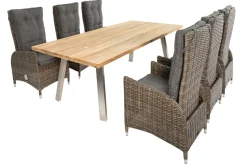 Best Garten-Essgruppe, Edelstahl/recyceltes Teak, Tisch 220x100 cm, 6 Hochlehner- Diningsessel, A-Gestell, FSC®-zertifiziertes Produkt Polyrattan-Gartenmöbel|Garten-Essgruppen
