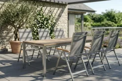 Hot Garten-Essgruppe, Edelstahl/recyceltes Teak, Tisch 180 x 90 cm, 6 Klappstühle, silber, FSC®-zertifiziertes Produkt Garten-Essgruppen|Edelstahl-Gartenmöbel
