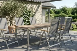 Hot Garten-Essgruppe, Edelstahl/recyceltes Teak, Tisch 180 x 90 cm, 6 Klappstühle, silber, FSC®-zertifiziertes Produkt Garten-Essgruppen|Edelstahl-Gartenmöbel