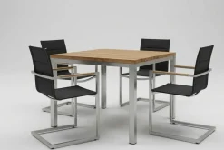 Best Garten-Essgruppe, Edelstahl/recyceltes Teak, Tisch 90 x 90 cm, 4 Freischwinger padded, schwarz, FSC®-zertifiziertes Produkt Garten-Essgruppen