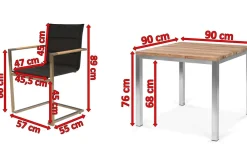 Best Garten-Essgruppe, Edelstahl/recyceltes Teak, Tisch 90 x 90 cm, 4 Freischwinger padded, schwarz, FSC®-zertifiziertes Produkt Garten-Essgruppen