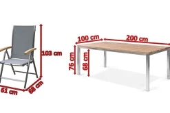 Hot Garten-Essgruppe, Edelstahl / Teak, Tisch 200 x 100 cm, 6 Klappstühle, silber Garten-Essgruppen