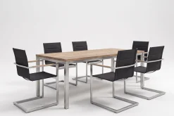 Garten-Essgruppe, Edelstahl/recyceltes Teak, Tisch 180 x 90 cm, 6 Freischwinger padded, schwarz, FSC®-zertifiziertes Produkt Garten-Essgruppen