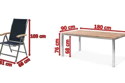 Hot Garten-Essgruppe, Edelstahl/recyceltes Teak, Tisch 180 x 90 cm, 6 Klappstühle, schwarz, FSC®-zertifiziertes Produkt Garten-Essgruppen