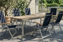 Hot Garten-Essgruppe, Edelstahl/recyceltes Teak, Tisch 180 x 90 cm, 6 Klappstühle, schwarz, FSC®-zertifiziertes Produkt Garten-Essgruppen