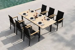 Clearance Garten-Essgruppe für 6 Pesonen, anthrazit matt, Alu/Textilene, Tisch 180/240 x 100 cm, stapelbare Sessel, FSC®-zertifizertes Produkt Garten-Essgruppen|Aluminium-Gartenmöbel