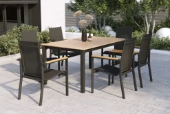 Clearance Garten-Essgruppe für 6 Pesonen, anthrazit matt, Alu/Textilene, Tisch 180/240 x 100 cm, stapelbare Sessel, FSC®-zertifizertes Produkt Garten-Essgruppen|Aluminium-Gartenmöbel