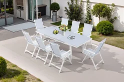 Clearance Garten-Essgruppe für 8 Personen, weiß/hellgrau, Alu/Sicherheitsglas, Tisch ausziehbar, Stühle klappbar Garten-Essgruppen|Aluminium-Gartenmöbel