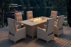 Clearance Garten-Essgruppe für 6 Personen, dessert-beige, Alu/Polyrattan, mit Feuertisch 200 x 100 cm, UV- & witterungsbeständig Garten-Essgruppen|Aluminium-Gartenmöbel