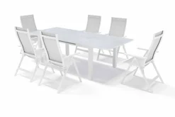 Garten-Essgruppe für 6 Personen, creme/weiß, Alu/Sicherheitsglas, Tisch ausziehbar 180/240 x 100 cm, Stühle klappbar Garten-Essgruppen|Aluminium-Gartenmöbel