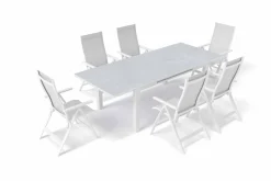 Garten-Essgruppe für 6 Personen, creme/weiß, Alu/Sicherheitsglas, Tisch ausziehbar 180/240 x 100 cm, Stühle klappbar Garten-Essgruppen|Aluminium-Gartenmöbel