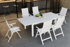 Garten-Essgruppe für 6 Personen, creme/weiß, Alu/Sicherheitsglas, Tisch ausziehbar 180/240 x 100 cm, Stühle klappbar Garten-Essgruppen|Aluminium-Gartenmöbel