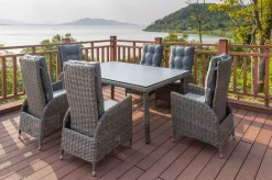Clearance Garten-Essgruppe, grau, Polyrattan, Tisch 180x120cm, Spraystone, 8mm, 6 Dining Sessel, verstellbar Polyrattan-Gartenmöbel|Garten-Essgruppen