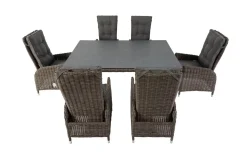 Clearance Garten-Essgruppe, grau, Polyrattan, Tisch 180x120cm, Spraystone, 8mm, 6 Dining Sessel, verstellbar Polyrattan-Gartenmöbel|Garten-Essgruppen