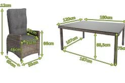 Clearance Garten-Essgruppe, grau, Polyrattan, Tisch 180x120cm, Spraystone, 8mm, 6 Dining Sessel, verstellbar Polyrattan-Gartenmöbel|Garten-Essgruppen