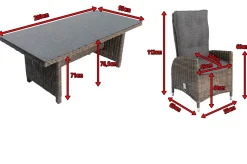 Clearance Garten-Essgruppe, grau, Polyrattan, Tisch 200 x 95 cm, 6 Sessel, verstellbar Polyrattan-Gartenmöbel|Garten-Essgruppen