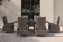 Clearance Garten-Essgruppe, grau, Polyrattan, Tisch 200 x 95 cm, 6 Sessel, verstellbar Polyrattan-Gartenmöbel|Garten-Essgruppen