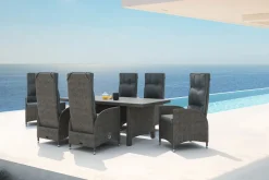 Clearance Garten-Essgruppe, grau, Polyrattan, Tisch 200 x 95 cm, 6 Sessel, verstellbar Polyrattan-Gartenmöbel|Garten-Essgruppen
