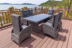 Clearance Garten-Essgruppe, grau, Polyrattan, Tisch 200 x 95 cm, 6 Sessel, verstellbar Polyrattan-Gartenmöbel|Garten-Essgruppen