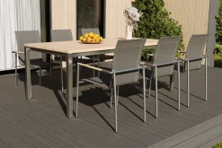 New Garten-Essgruppe mit 6 Sesseln, silber/anthrazit, Edelstahl/Textilene, stapelbar, schmutzabweisend, pflegeleicht Garten-Essgruppen|Edelstahl-Gartenmöbel