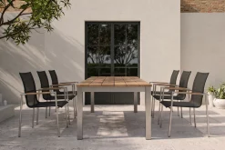 New Garten-Essgruppe, natur/anthrazit, Edelstahl/Textilene/Teakholz, Ausziehtisch 220/340x100cm, 6 Diningsessel, FSC®-zertifiziertes Produkt Edelstahl-Gartenmöbel