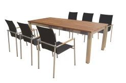 New Garten-Essgruppe, natur/anthrazit, Edelstahl/Textilene/Teakholz, Ausziehtisch 220/340x100cm, 6 Diningsessel, FSC®-zertifiziertes Produkt Edelstahl-Gartenmöbel