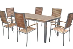 Sale Garten-Essgruppe, natur, Edelstahl/Teak, Esstisch 200 x 90 cm, 6 Stapelstühle, FSC®-zertifiziertes Produkt Garten-Essgruppen|Edelstahl-Gartenmöbel
