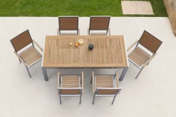 Sale Garten-Essgruppe, natur, Edelstahl/Teak, Esstisch 200 x 90 cm, 6 Stapelstühle, FSC®-zertifiziertes Produkt Garten-Essgruppen|Edelstahl-Gartenmöbel
