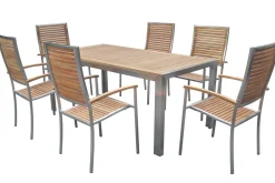 Sale Garten-Essgruppe, natur, Edelstahl/Teak, Esstisch 180x90cm, 6 Hochlehner, FSC®-zertifiziertes Produkt Garten-Essgruppen|Edelstahl-Gartenmöbel