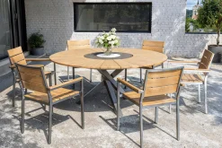 Hot Garten-Essgruppe, natur, Edelstahl/Teak, Ø 170 cm, 6 Stapelsessel, inkl. drehbarer Granitplatte + Eiskühler, FSC®-zertifiziertes Produkt Garten-Essgruppen|Edelstahl-Gartenmöbel
