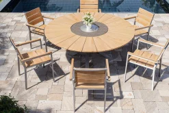Hot Garten-Essgruppe, natur, Edelstahl/Teak, Ø 170 cm, 6 Stapelsessel, inkl. drehbarer Granitplatte + Eiskühler, FSC®-zertifiziertes Produkt Garten-Essgruppen|Edelstahl-Gartenmöbel