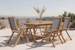 Clearance Garten-Essgruppe, natur/grau, Akazie/Textilene, Ausziehtisch 180/240 x 100 cm, 6 Klappstühle 5-fach, FSC®-zertifiziertes Produkt Garten-Essgruppen|Akazien-Gartenmöbel