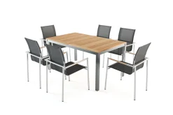 Clearance Garten-Essgruppe, natur/anthrazit, Edelstahl/Textilene/Teak, Ausziehtisch 150/200x90cm, 6 Diningsessel Garten-Essgruppen|Edelstahl-Gartenmöbel