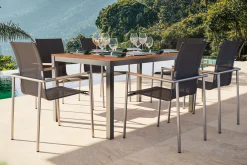 Clearance Garten-Essgruppe, natur/anthrazit, Edelstahl/Textilene/Teak, Ausziehtisch 150/200x90cm, 6 Diningsessel Garten-Essgruppen|Edelstahl-Gartenmöbel