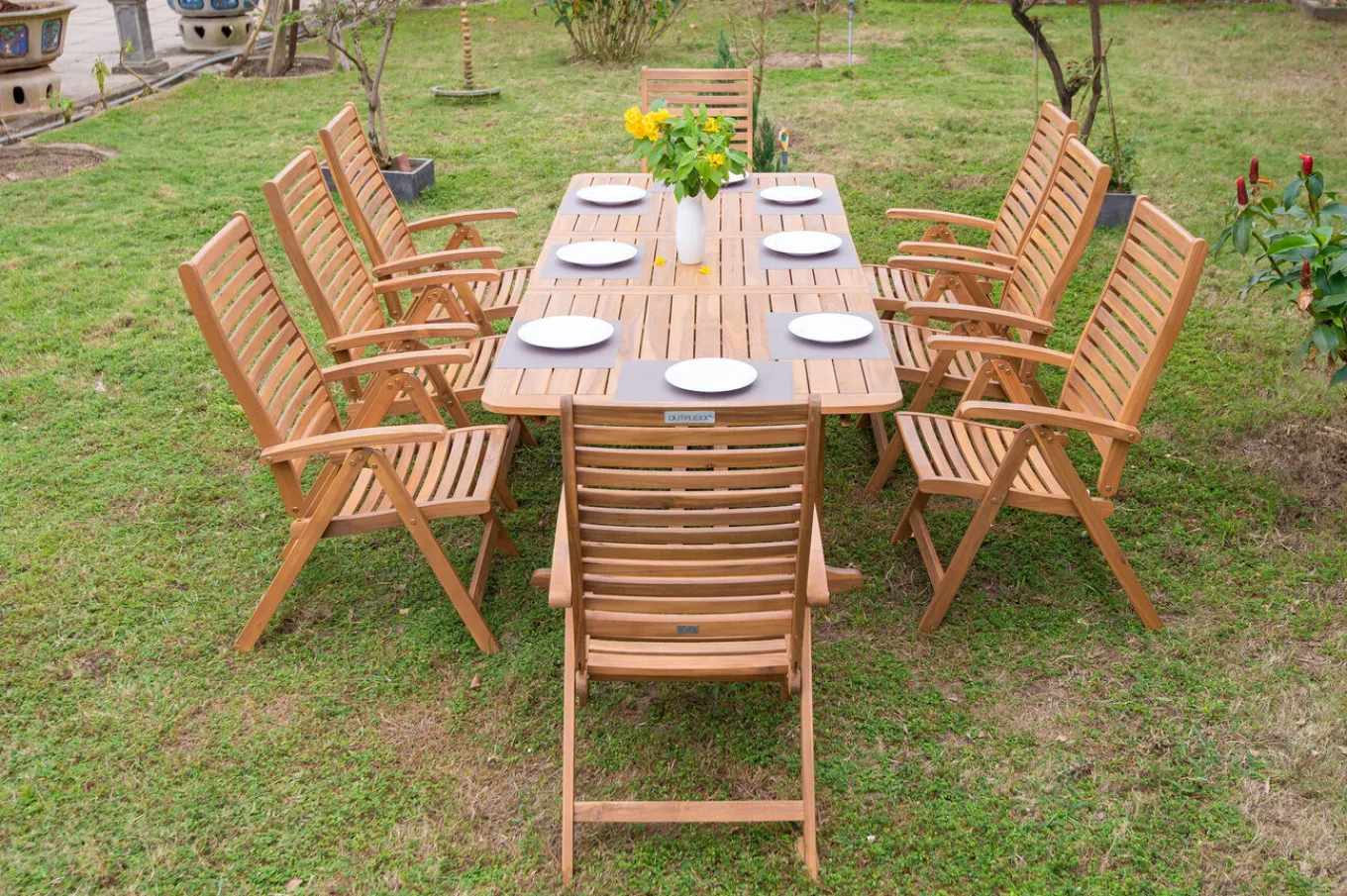 Hot Garten-Essgruppe, natur, Akazie, Ausziehtisch 150/200 x 90 cm, 8 Klappstühle, FSC®-zertifiziertes Produkt Garten-Essgruppen|Akazien-Gartenmöbel