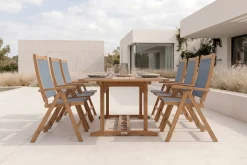 Outlet Garten-Essgruppe, natur/grau, Akazie/Textilene, Ausziehtisch 180/240 x 100 cm, 8 Klappstühle 5-fach, FSC®-zertifiziertes Produkt Garten-Essgruppen|Akazien-Gartenmöbel