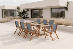 Outlet Garten-Essgruppe, natur/grau, Akazie/Textilene, Ausziehtisch 180/240 x 100 cm, 8 Klappstühle 5-fach, FSC®-zertifiziertes Produkt Garten-Essgruppen|Akazien-Gartenmöbel