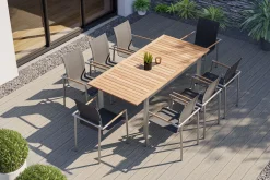 Discount Garten-Essgruppe, natur/anthrazit, Edelstahl/Textilene/Teak, Ausziehtisch 150/200x90cm, 8 Diningsessel Garten-Essgruppen|Edelstahl-Gartenmöbel