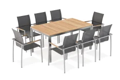 Discount Garten-Essgruppe, natur/anthrazit, Edelstahl/Textilene/Teak, Ausziehtisch 150/200x90cm, 8 Diningsessel Garten-Essgruppen|Edelstahl-Gartenmöbel