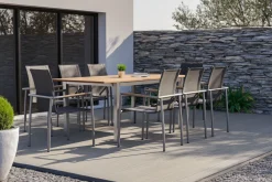 Discount Garten-Essgruppe, natur/anthrazit, Edelstahl/Textilene/Teak, Ausziehtisch 150/200x90cm, 8 Diningsessel Garten-Essgruppen|Edelstahl-Gartenmöbel