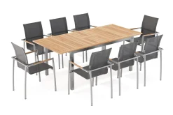 Discount Garten-Essgruppe, natur/anthrazit, Edelstahl/Textilene/Teak, Ausziehtisch 150/200x90cm, 8 Diningsessel Garten-Essgruppen|Edelstahl-Gartenmöbel