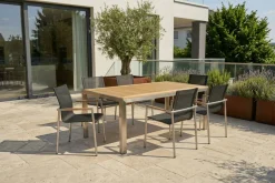 Garten-Essgruppe, natur/anthrazit, Edelstahl/Textilene/Teak, Tisch 180x90cm, 6 Diningsessel Garten-Essgruppen|Edelstahl-Gartenmöbel