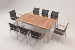 Clearance Garten-Essgruppe, natur/anthrazit, Edelstahl/Textilene/Teak, Tisch 180x90cm, 8 Diningsessel Garten-Essgruppen|Edelstahl-Gartenmöbel
