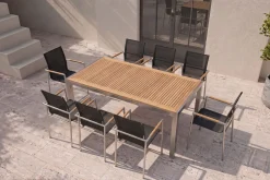 Clearance Garten-Essgruppe, natur/anthrazit, Edelstahl/Textilene/Teak, Tisch 180x90cm, 8 Diningsessel Garten-Essgruppen|Edelstahl-Gartenmöbel