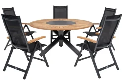Online Garten-Essgruppe, ® anthrazit matt, Aluminium / Teak / Textil, Ø 150 cm, 5 Klappstühle, mit Teak-Armlehnen Garten-Essgruppen