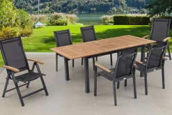 New Garten-Essgruppe, ® anthrazit matt, Alu / Teak / Textil, Tisch 150/210 x 90 cm, 4 Stapelsessel, 2 Klappstühle Garten-Essgruppen|Aluminium-Gartenmöbel