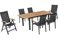 New Garten-Essgruppe, ® anthrazit matt, Alu / Teak / Textil, Tisch 150/210 x 90 cm, 4 Stapelsessel, 2 Klappstühle Garten-Essgruppen|Aluminium-Gartenmöbel