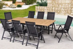 Sale Garten-Essgruppe, ® anthrazit matt, Alu / Teak / Textil, Ausziehtisch 180/240 x 100cm, 8 Klappstühle Garten-Essgruppen