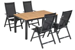 Sale Garten-Essgruppe, ® anthrazit matt, Alu / Teak / Textil, Ausziehtisch 150/210 x 90 cm, 4 Klappstühle Garten-Essgruppen